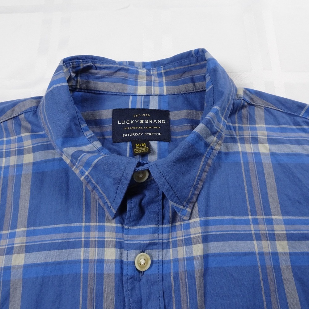 Lucky Brand men's button down shirt. Size M, blue plaid. Saturday stretch.